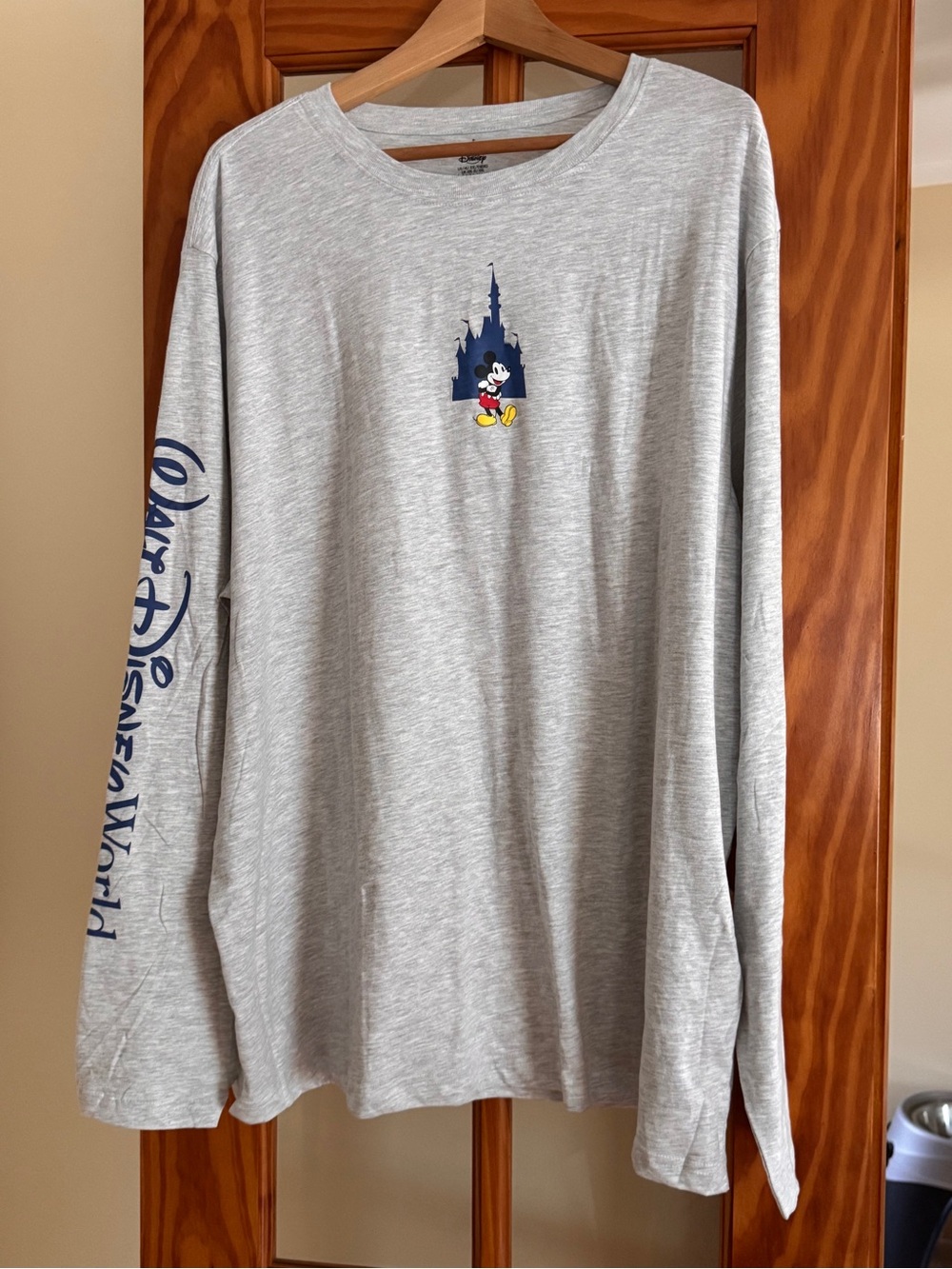 NWOT Disney Light Gray Long Sleeve Tee with Mickey & Castle Chest Graphic